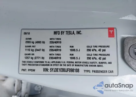 2018 Tesla Model 3 Long Range/Performance from USA, damaged, VIN 5YJ3E1EB0JF098108